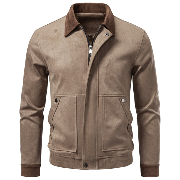 Men's zip-up casual jacket featuring a stylish suede-style finish, perfect for transitional weather and everyday wear. 0