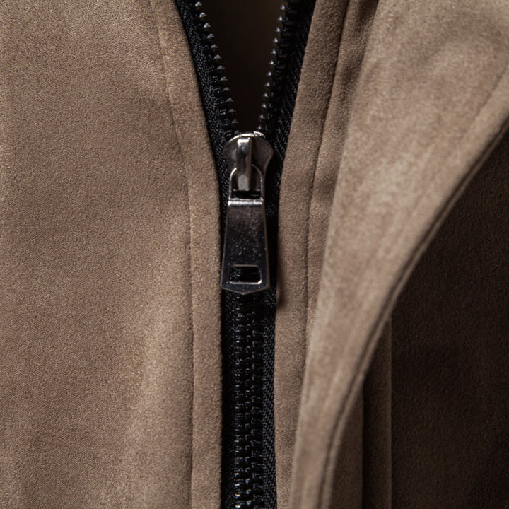 Men's zip-up casual jacket featuring a stylish suede-style finish, perfect for transitional weather and everyday wear. 8