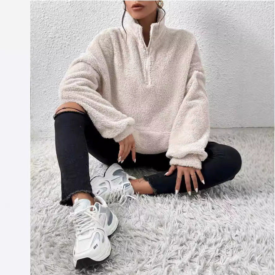 Women's Cozy Fleece Pullover with Stand Collar and Pockets