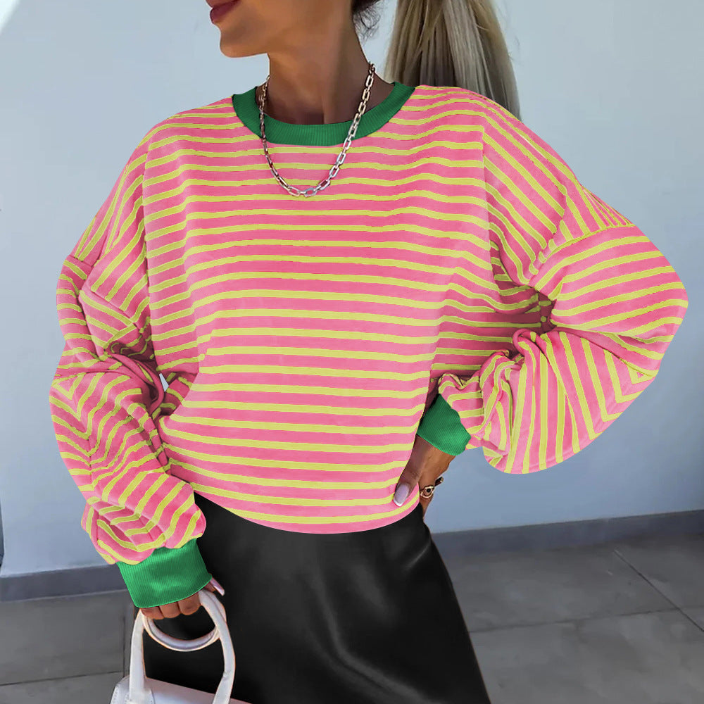 Women’s Striped Boxy Sweatshirt – Casual Contrast Trim Style