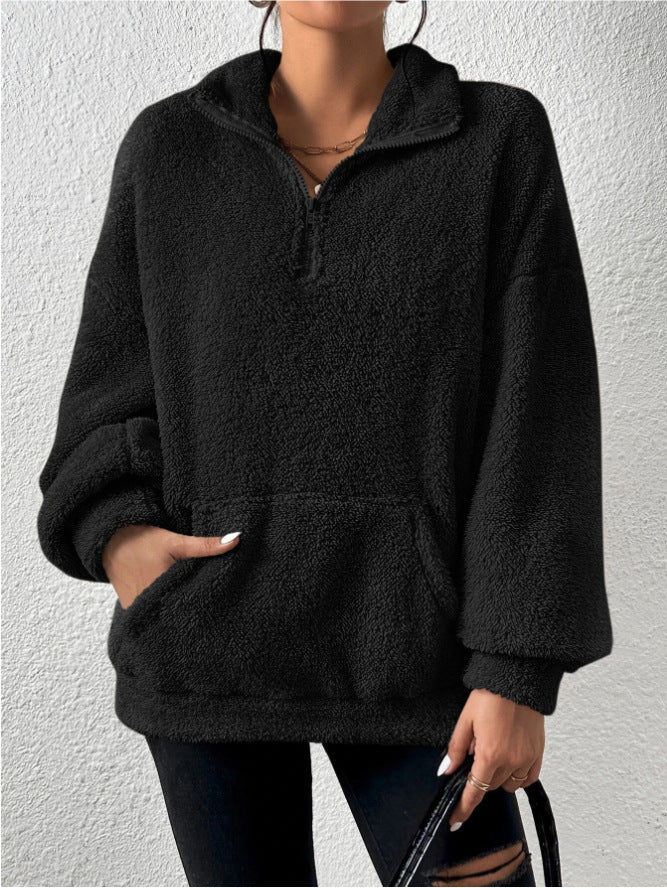 Women's Cozy Fleece Pullover with Stand Collar and Pockets