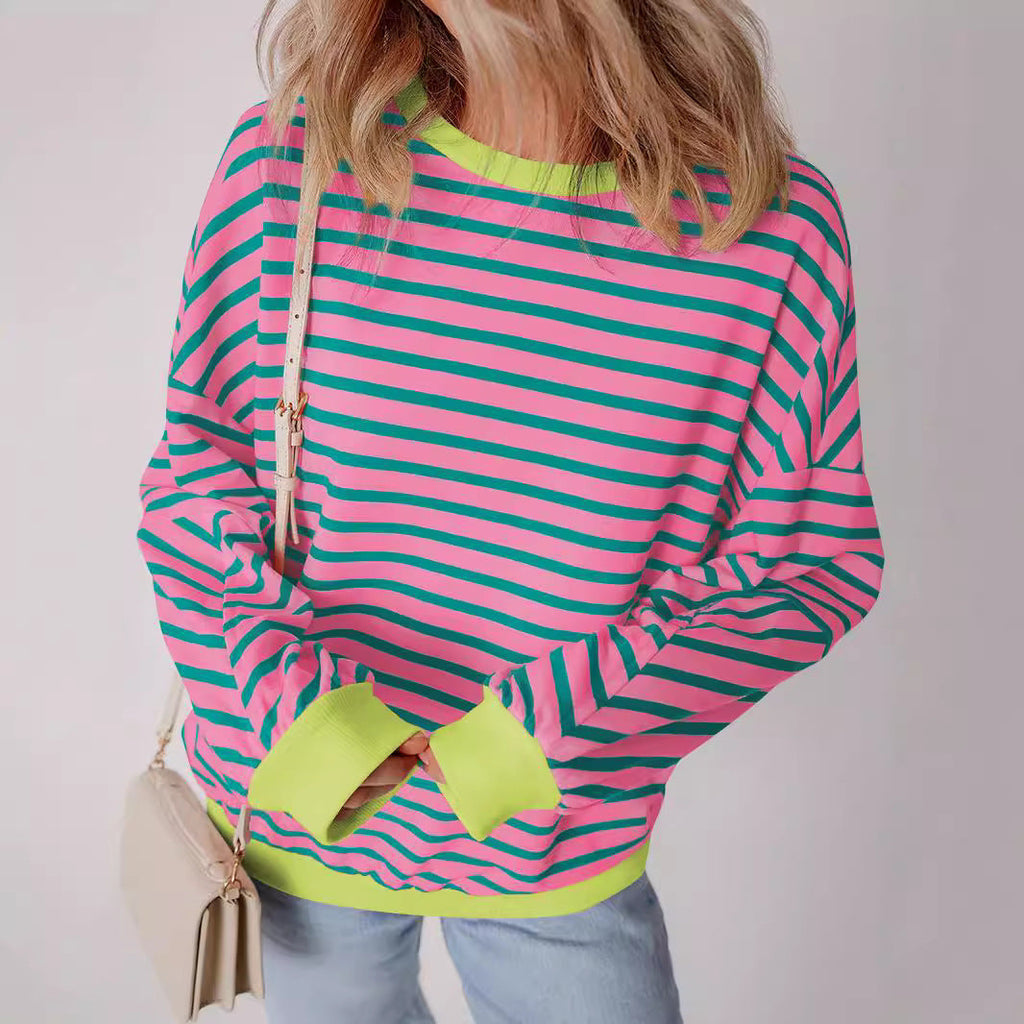 Women’s Striped Boxy Sweatshirt – Casual Contrast Trim Style