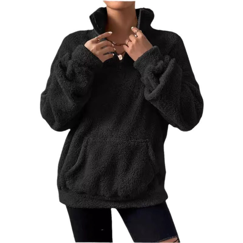 Women's Cozy Fleece Pullover with Stand Collar and Pockets