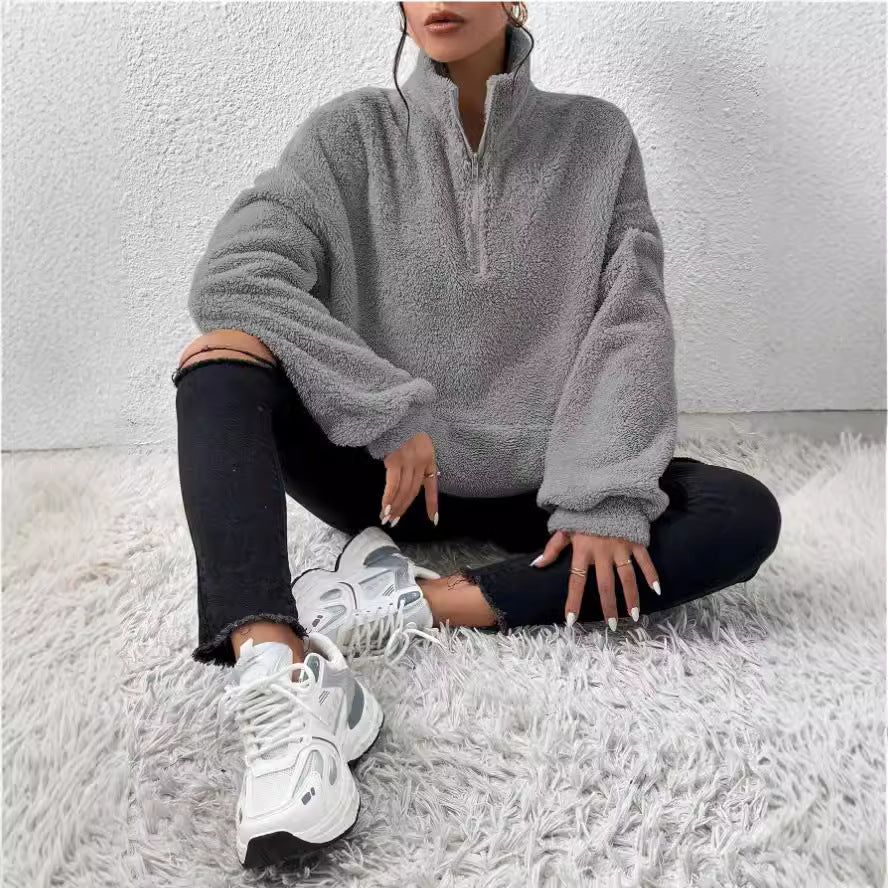 Women's Cozy Fleece Pullover with Stand Collar and Pockets