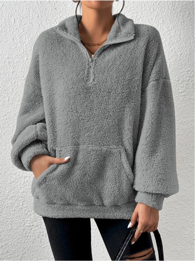 Women's Cozy Fleece Pullover with Stand Collar and Pockets