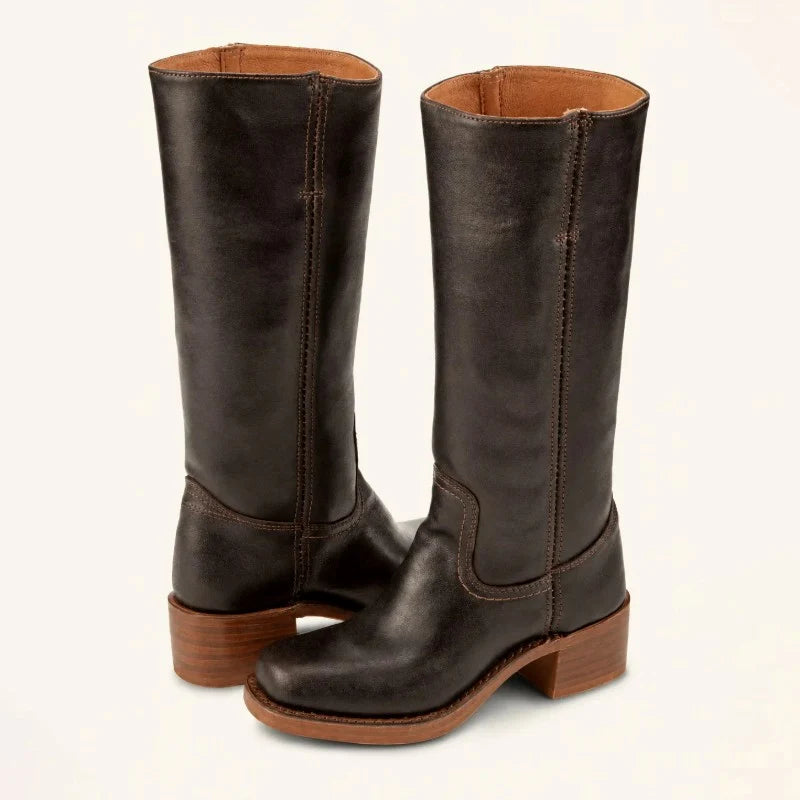 Slim Fit Black Knee High Boots with Side Zipper and Block Heel 0
