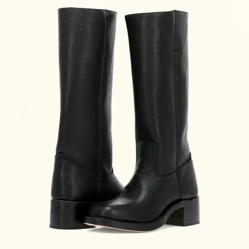 Slim Fit Black Knee High Boots with Side Zipper and Block Heel 2