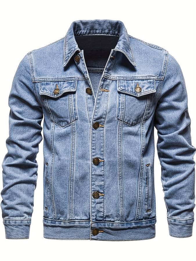 Slim fit stretch denim jacket for men featuring a button-front design, perfect for casual and stylish outfits. 1
