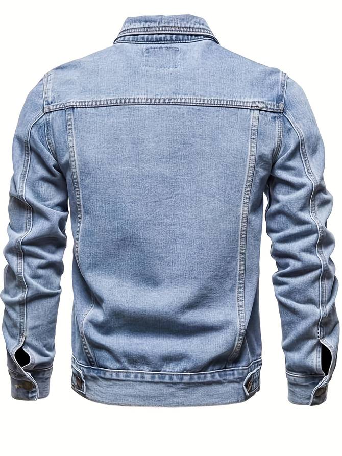 Slim fit stretch denim jacket for men featuring a button-front design, perfect for casual and stylish outfits. 4
