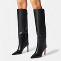 Women's Black Knee High Boots with Pointed Toe and Slim Heel 0