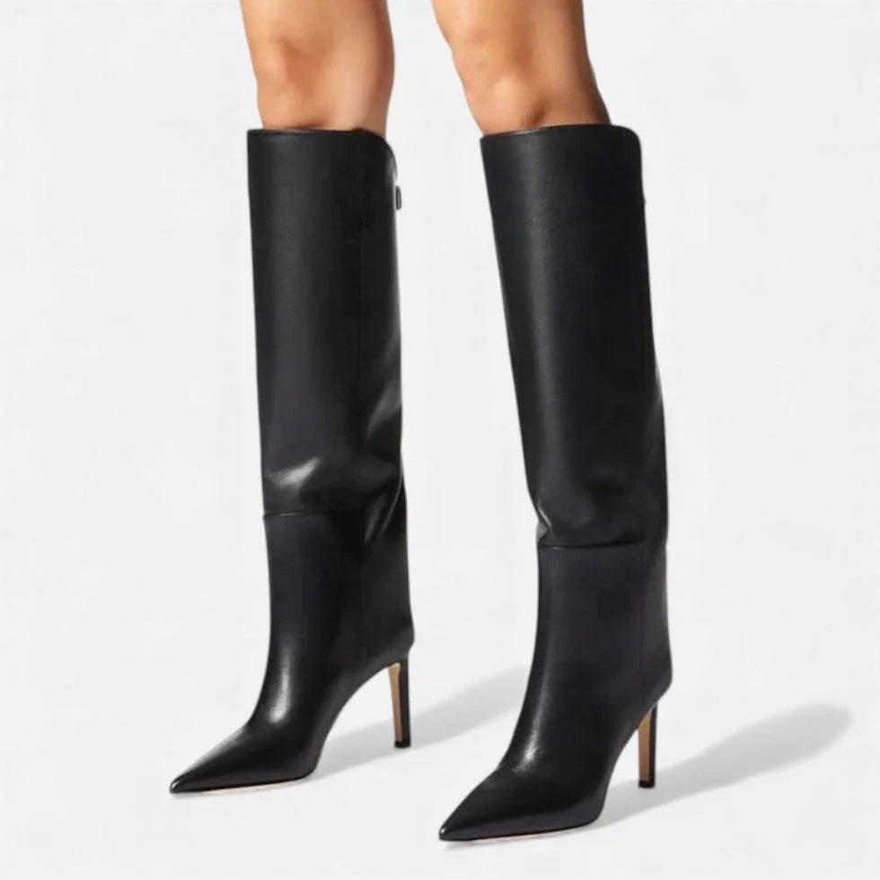 Women's Black Knee High Boots with Pointed Toe and Slim Heel 0