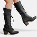 Women's Black Knee High Lace-Up Boots with Block Heel 0