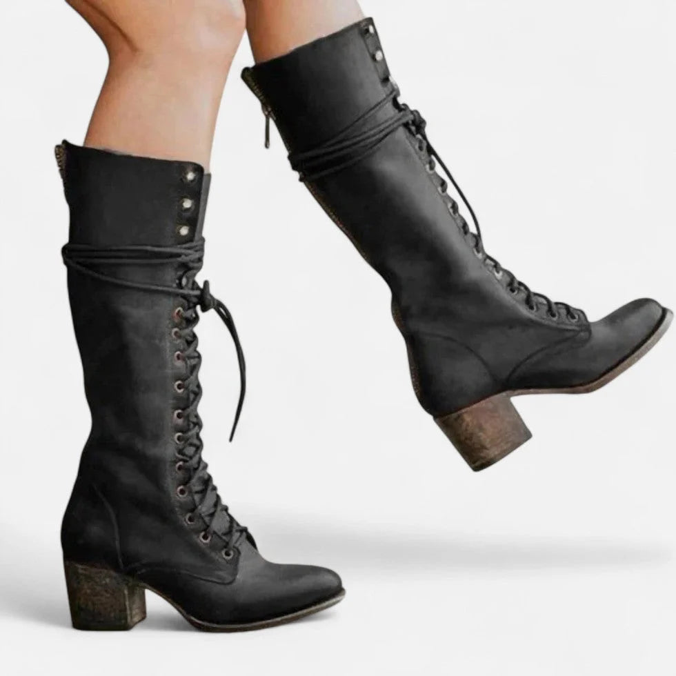 Women's Black Knee High Lace-Up Boots with Block Heel 0