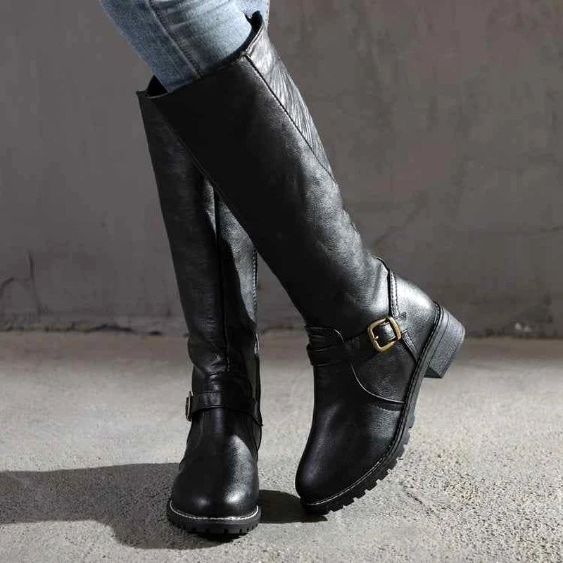 Women's Knee-High Block Heel Boots with Buckle Detail 3