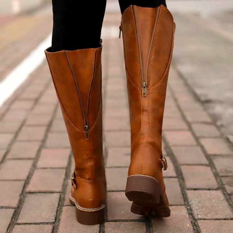 Women's Knee-High Block Heel Boots with Buckle Detail 4