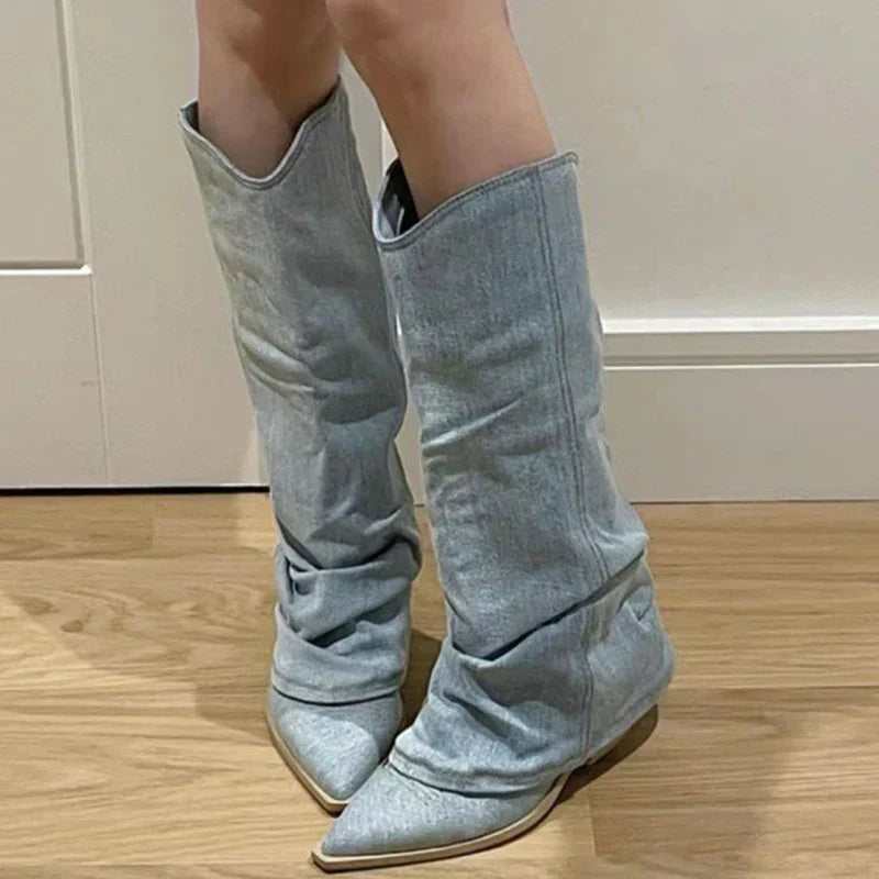 Women's Knee-High Denim Boots with Insulated Lining 0