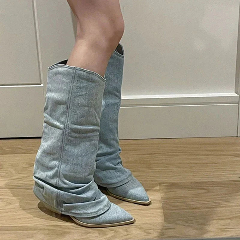 Women's Knee-High Denim Boots with Insulated Lining 1