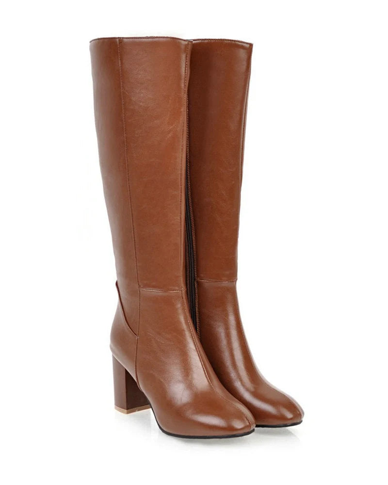 Women's Knee-High Leather Block Heel Boots with Side Zip 0