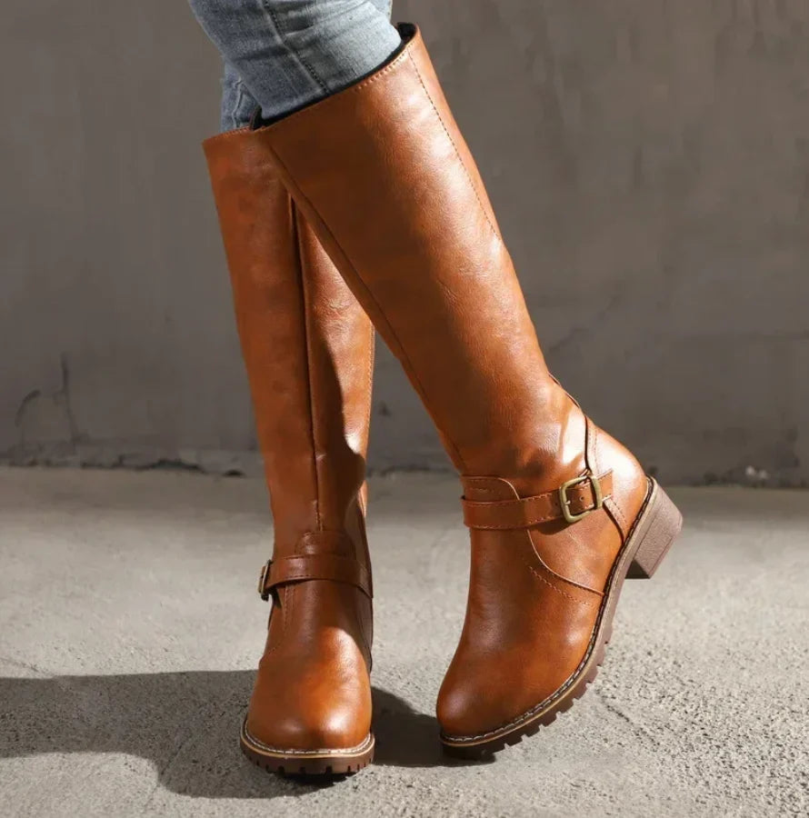 Women's Knee-High Leather Boots with Buckle Strap and Lug Sole 0
