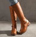 Women's Knee-High Leather Boots with Buckle Strap and Lug Sole 0