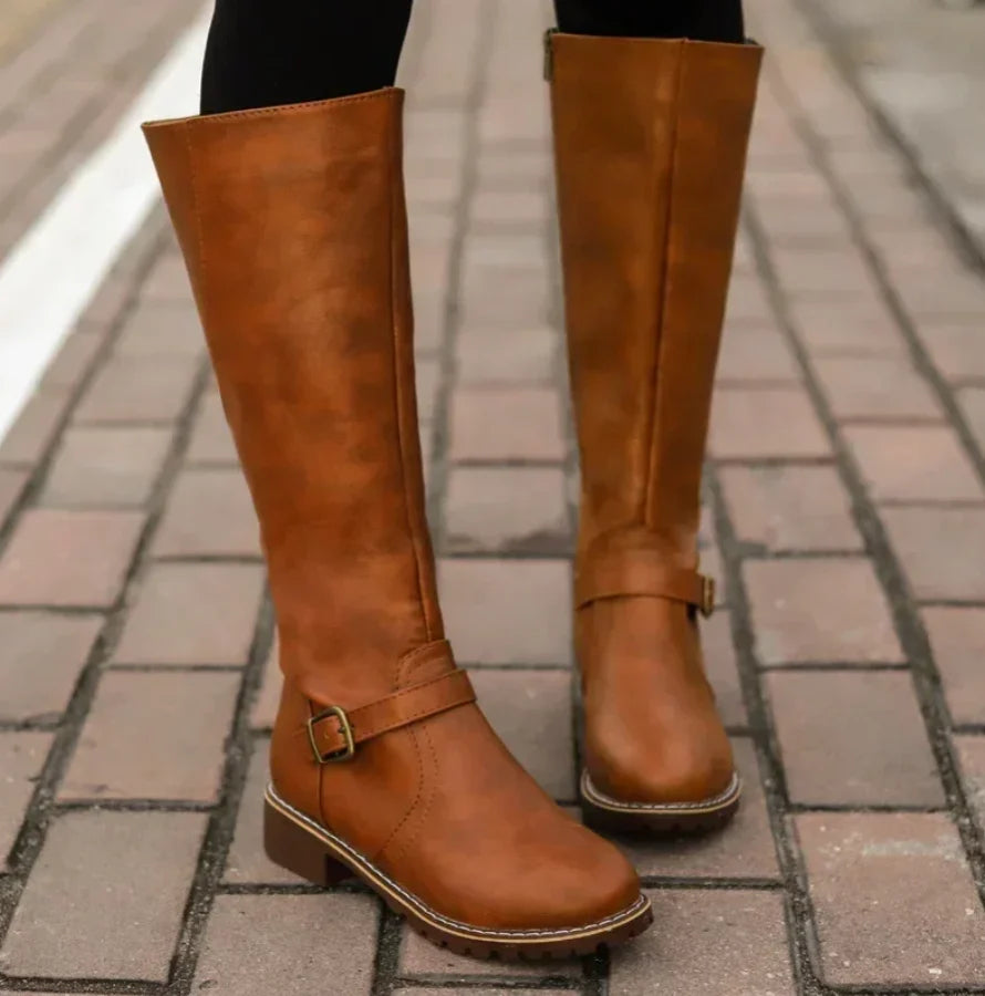 Women's Knee-High Leather Boots with Buckle Strap and Lug Sole 3