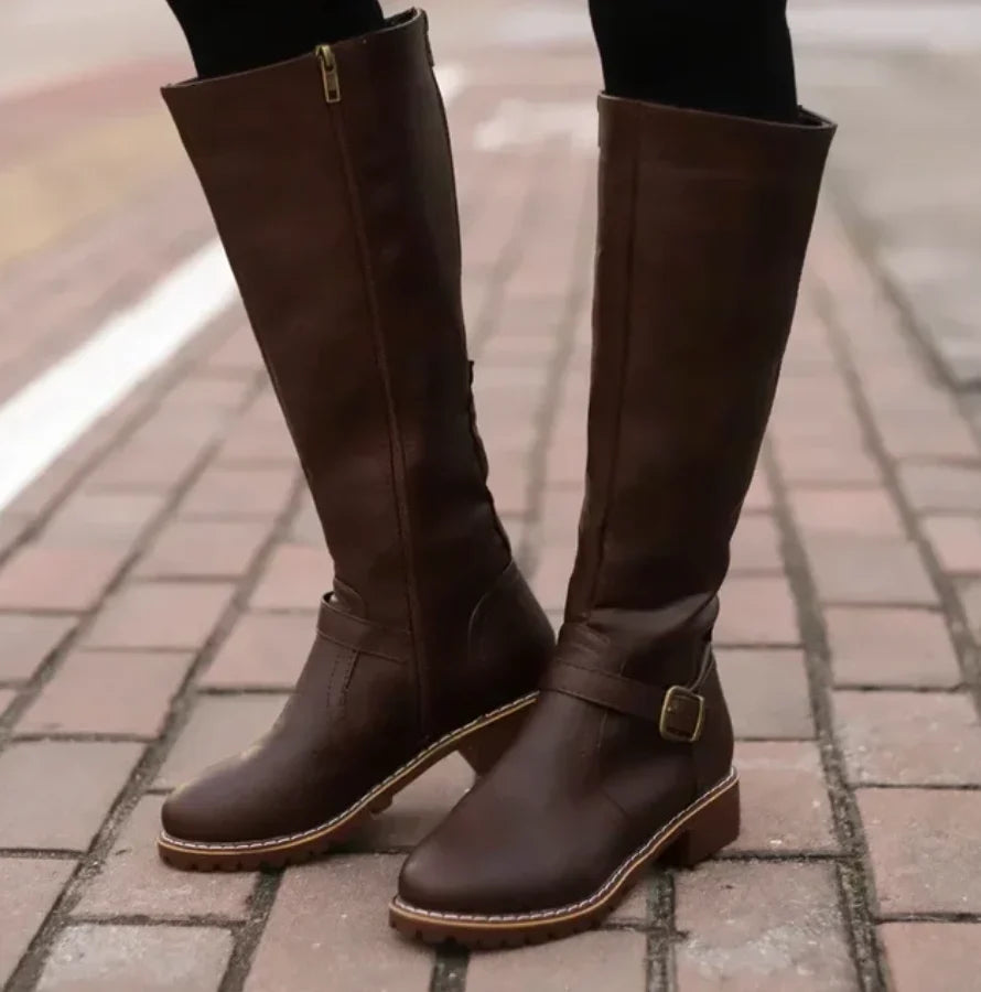 Women's Knee-High Leather Boots with Buckle Strap and Lug Sole 4