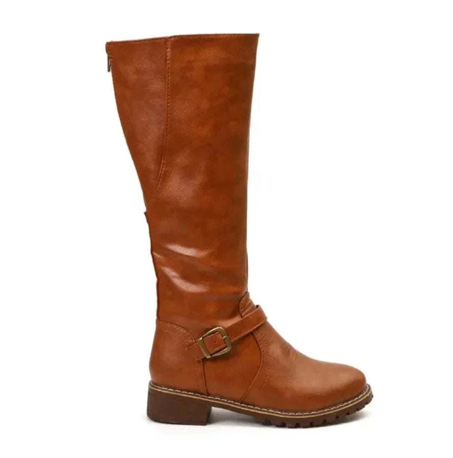 Women's Knee-High Leather Boots with Buckle Strap and Lug Sole 5