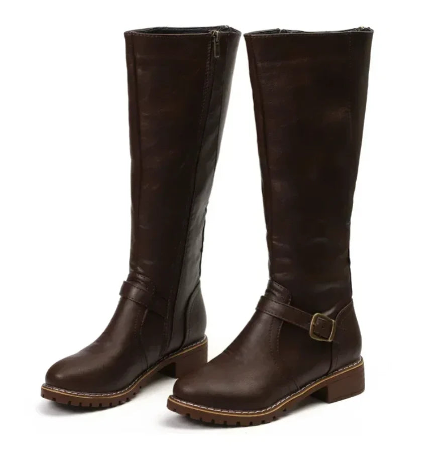 Women's Knee-High Leather Boots with Buckle Strap and Lug Sole 6