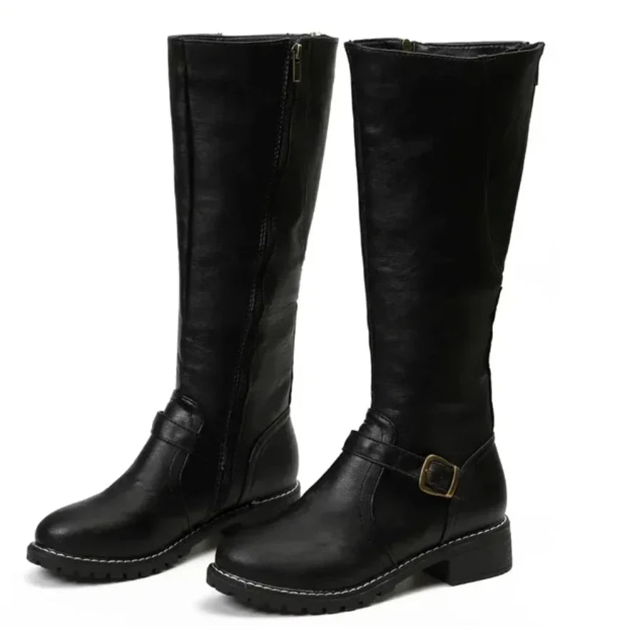 Women's Knee-High Leather Boots with Buckle Strap and Lug Sole 7