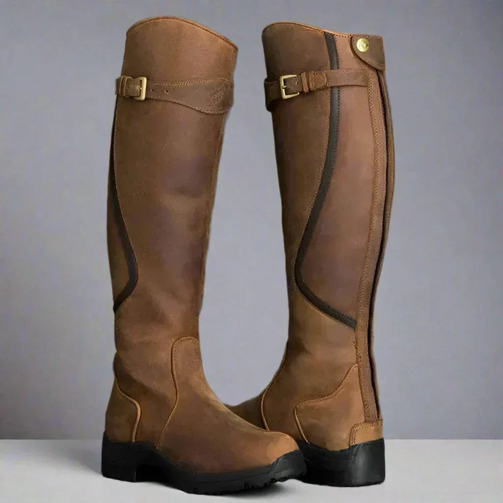 Women's Knee-High Riding Boots with Side Zipper and Buckle Detail 0