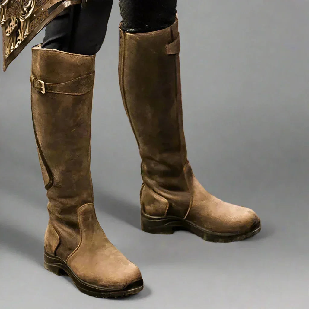 Women's Knee-High Riding Boots with Side Zipper and Buckle Detail 1