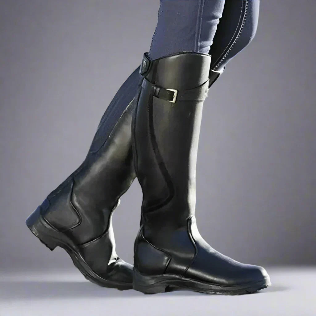 Women's Knee-High Riding Boots with Side Zipper and Buckle Detail 2