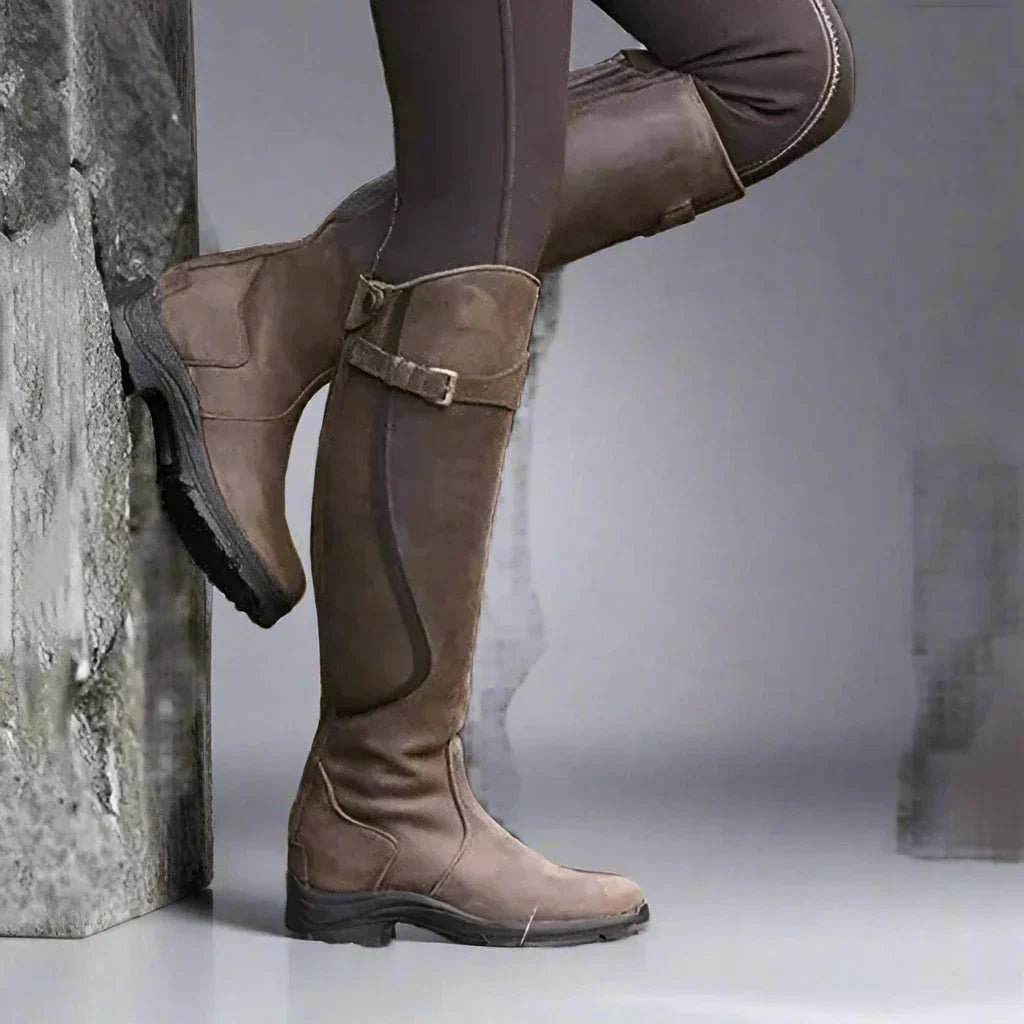 Women's Knee-High Riding Boots with Side Zipper and Buckle Detail 7