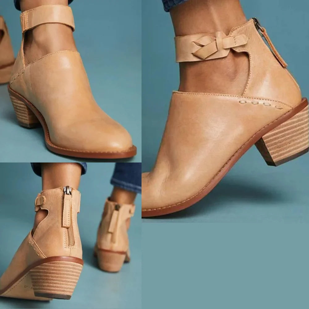 Women's Leather Ankle Boots with Block Heel and Ankle Strap 0
