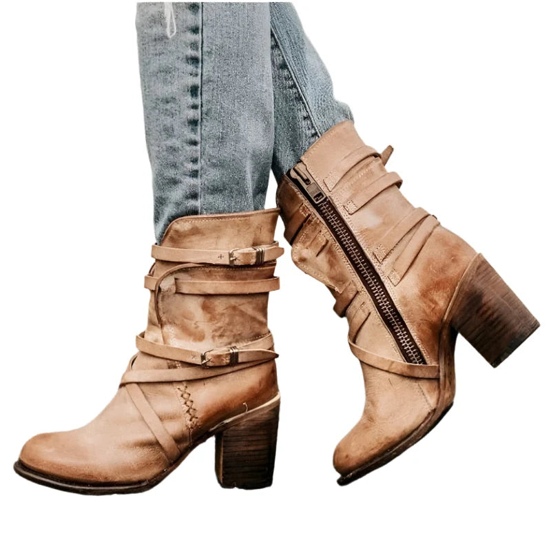 Women's Leather Ankle Boots with Buckle Strap and Block Heel 0