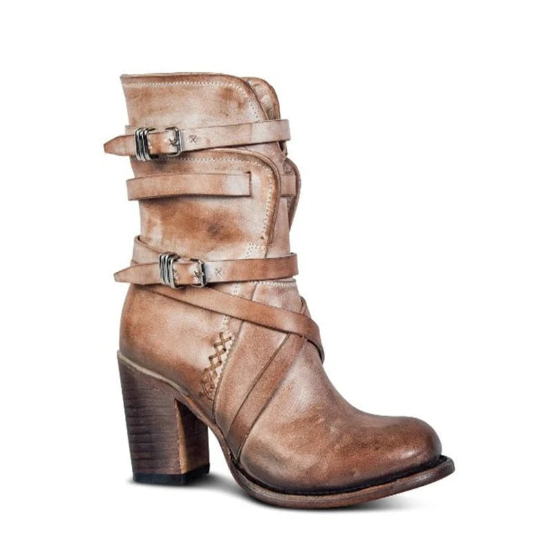 Women's Leather Ankle Boots with Buckle Strap and Block Heel 3