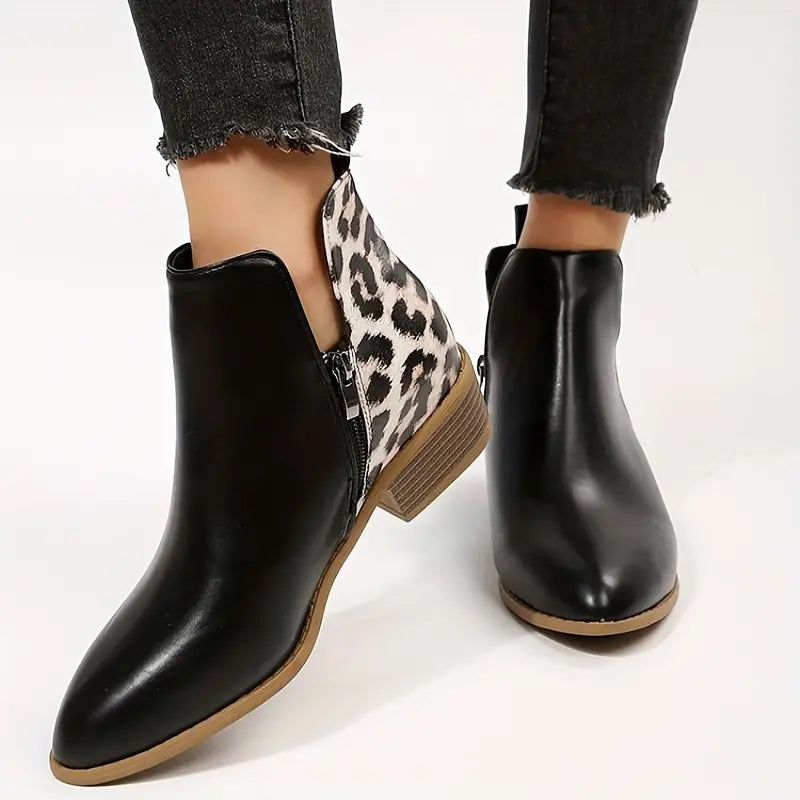 Women's Leopard Print Block Heel Ankle Boots with Side Zip 0
