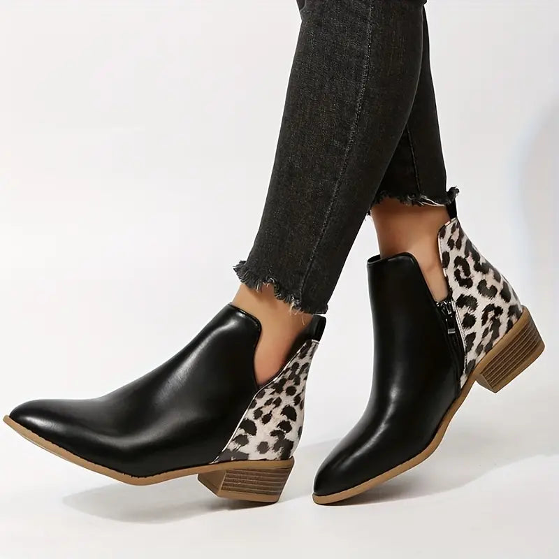 Women's Leopard Print Block Heel Ankle Boots with Side Zip 1