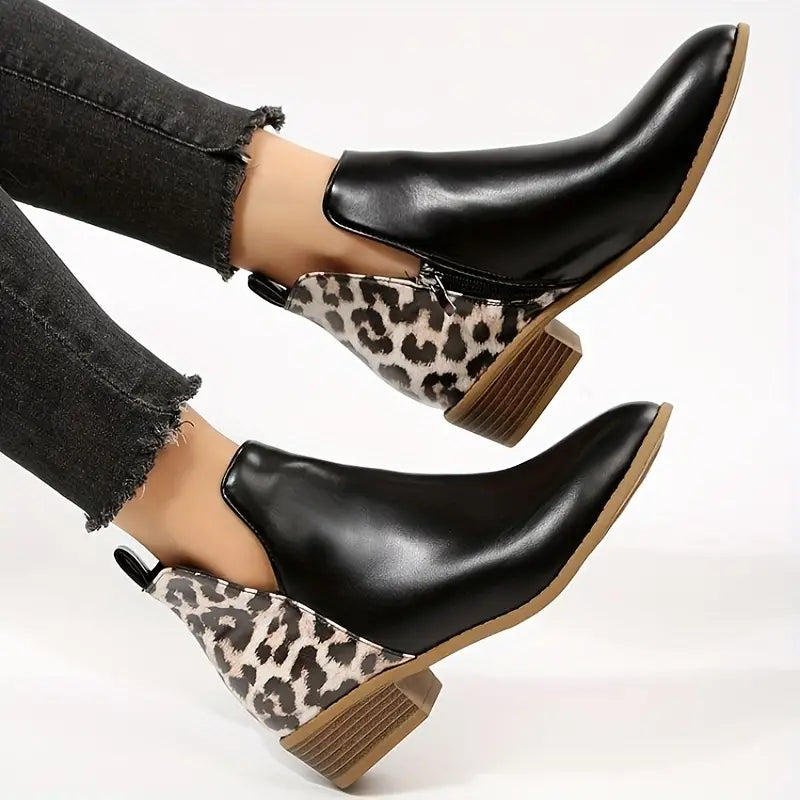 Women's Leopard Print Block Heel Ankle Boots with Side Zip 2