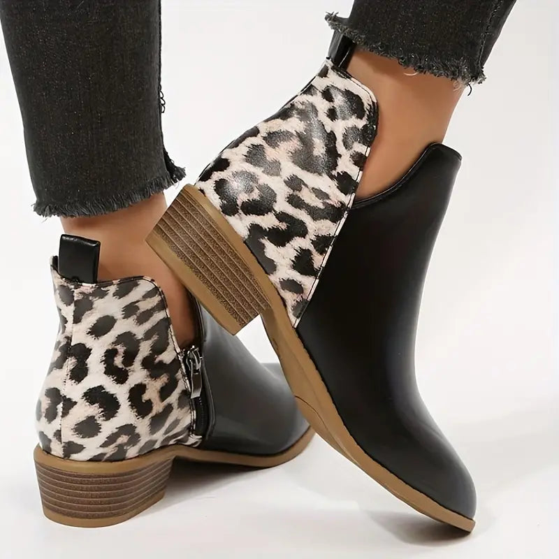 Women's Leopard Print Block Heel Ankle Boots with Side Zip 3