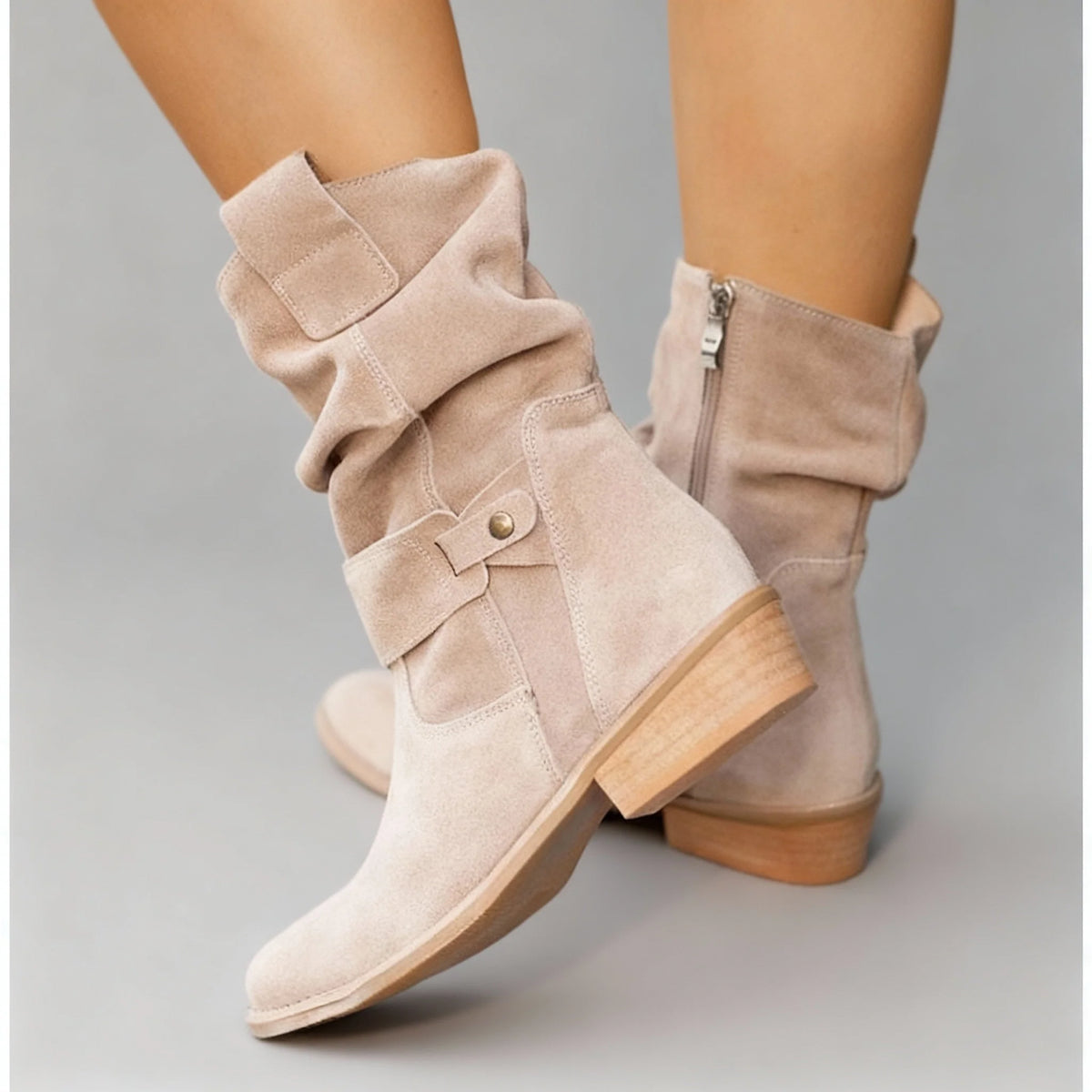 Women's Mid-Calf Slouch Suede Boots with Block Heel 0