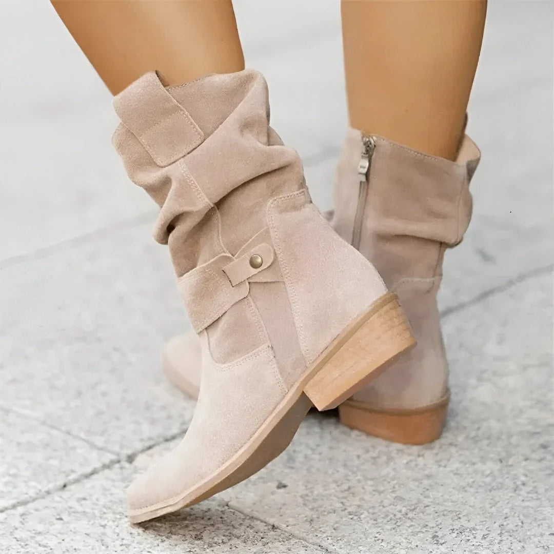 Women's Mid-Calf Slouchy Suede-Look Boots with Buckle Strap 0
