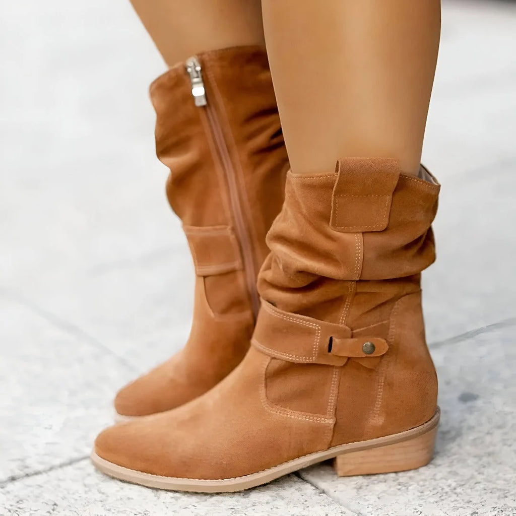 Women's Mid-Calf Slouchy Suede-Look Boots with Buckle Strap 3