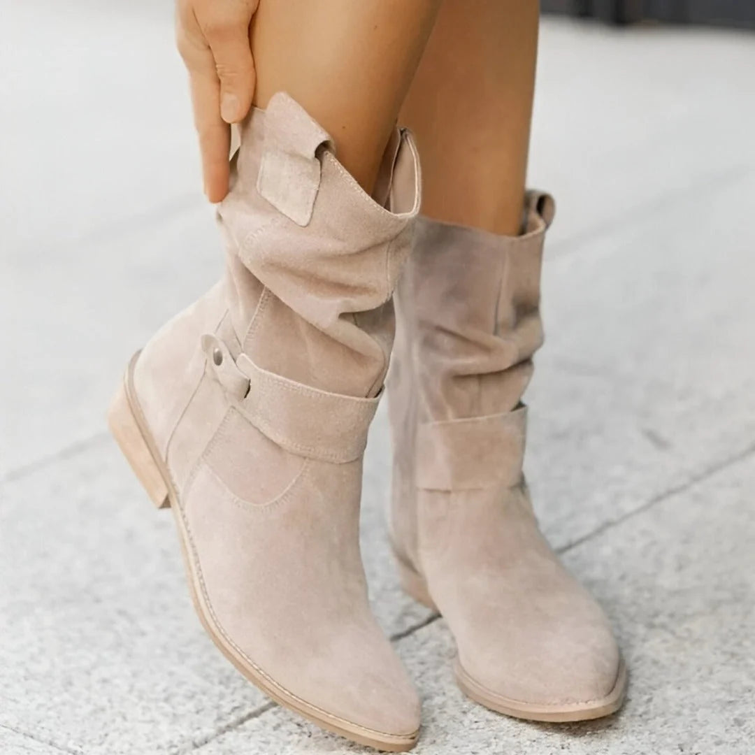 Women's Mid-Calf Slouchy Suede-Look Boots with Buckle Strap 4