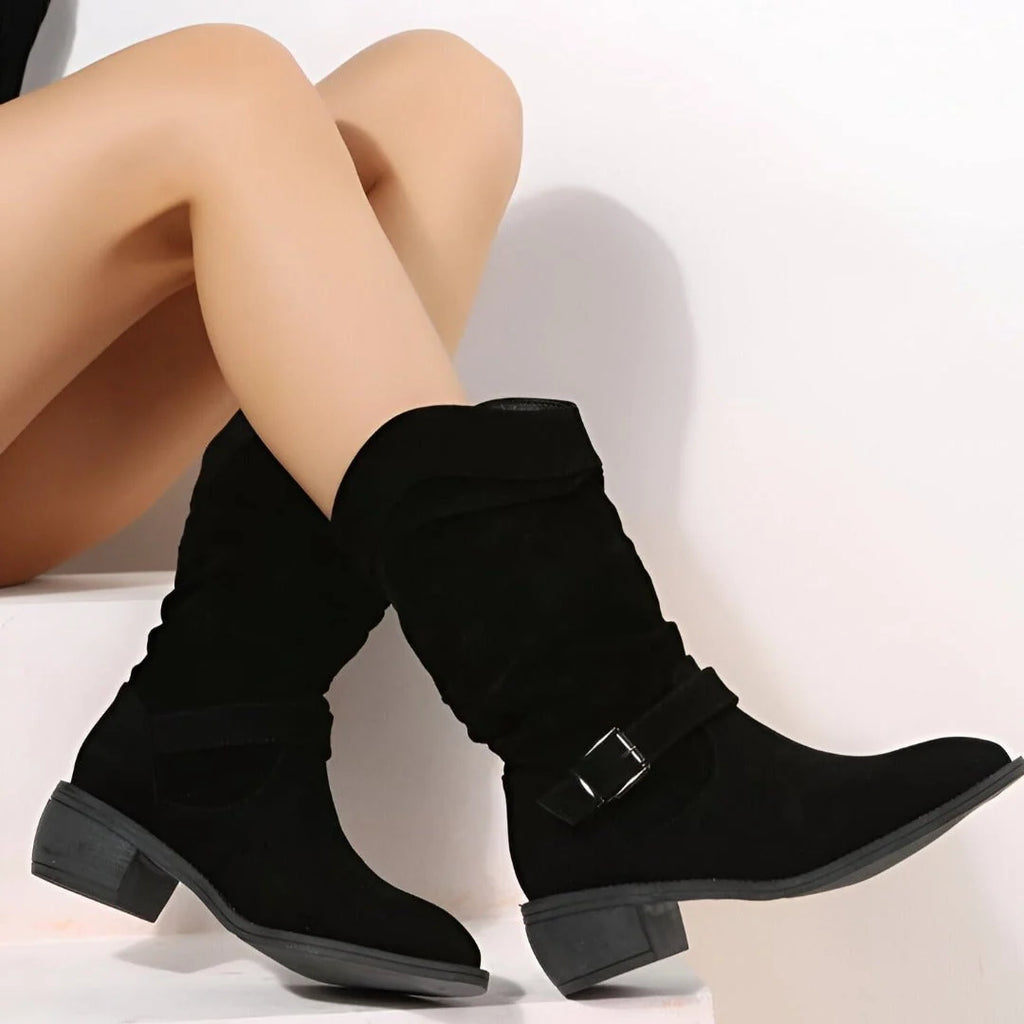 Women's Mid-Calf Slouchy Suede-Look Boots with Buckle Strap 5