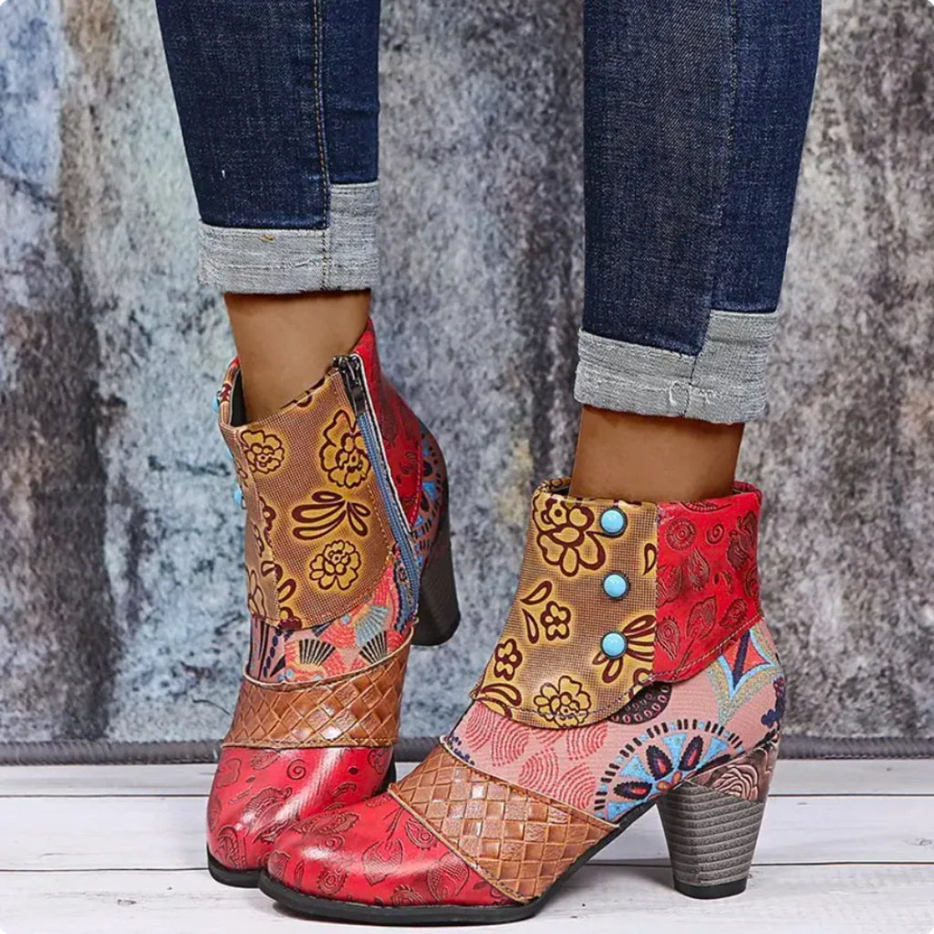 Women's Patchwork Ankle Boots with Block Heel and Zip Closure 0
