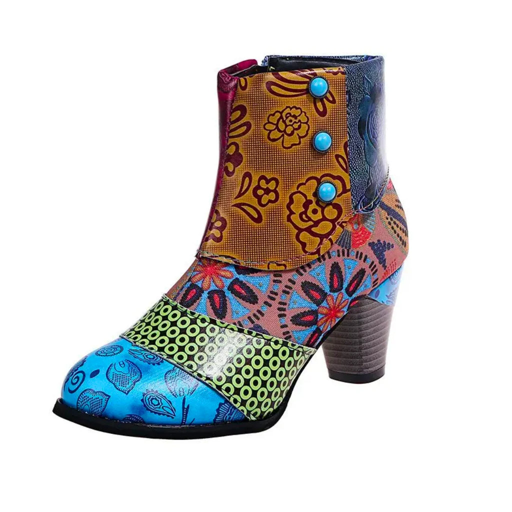 Women's Patchwork Ankle Boots with Block Heel and Zip Closure 5