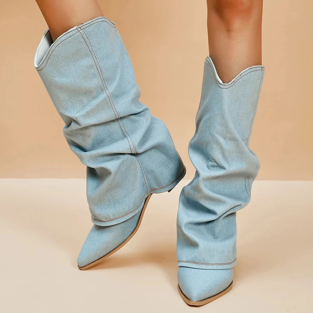 Women's Pleated Denim Cowboy Boots with Block Heel 0