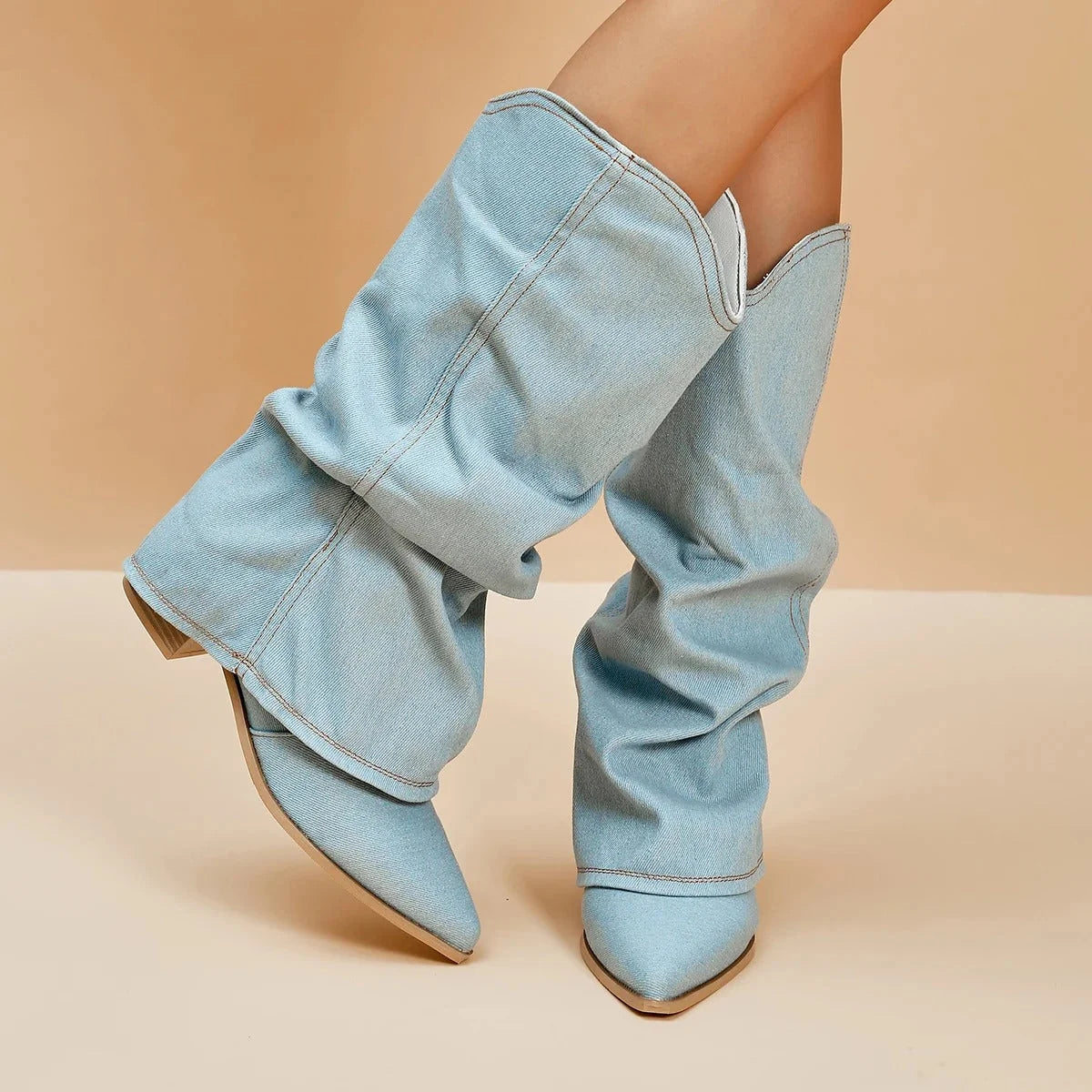 Women's Pleated Denim Cowboy Boots with Block Heel 1