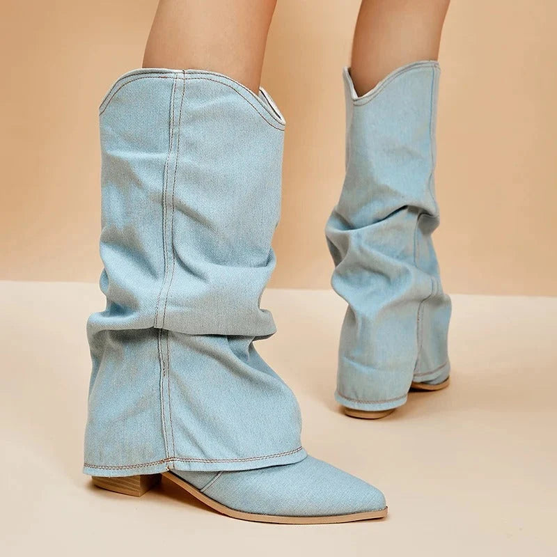 Women's Pleated Denim Cowboy Boots with Block Heel 2
